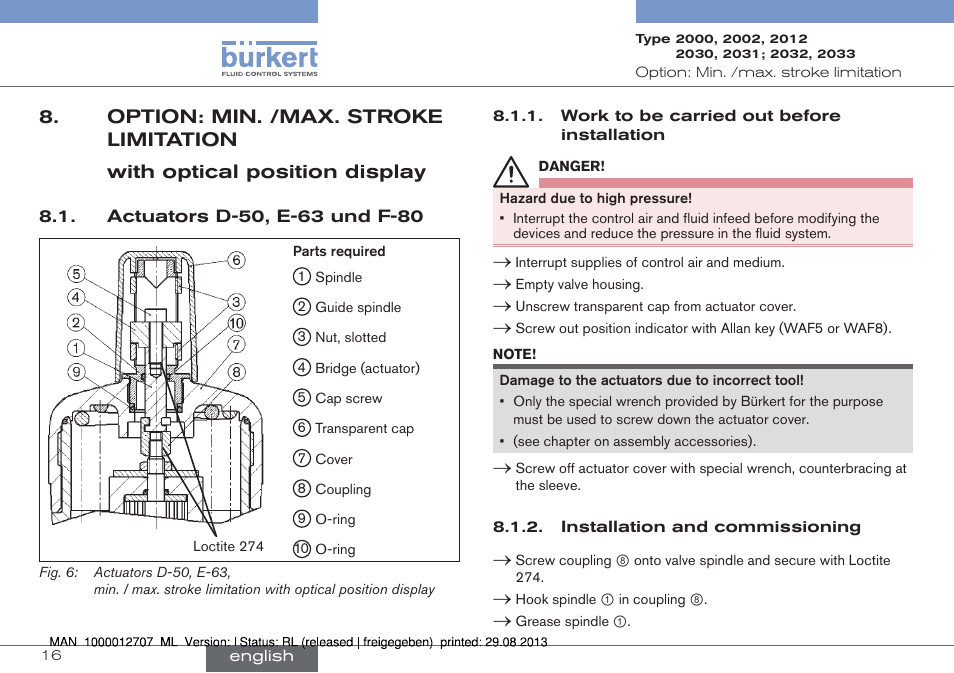 Option: min. /max. stroke limitation, Actuators d-50, e-63 und f-80 | Burkert Type 2033 User Manual | Page 16 / 88