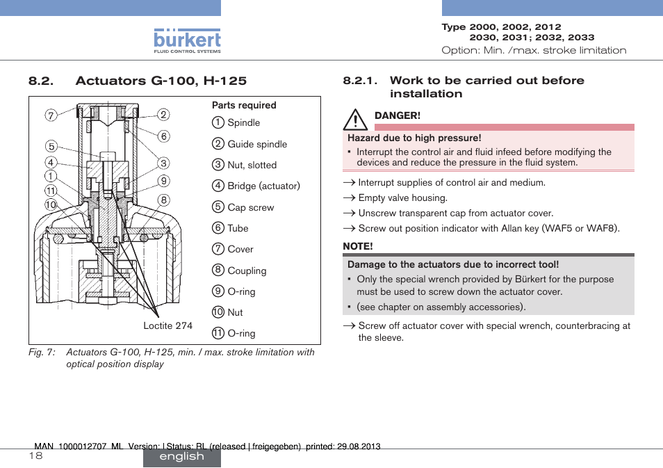 Actuators g-100, h-125 | Burkert Type 2033 User Manual | Page 18 / 88