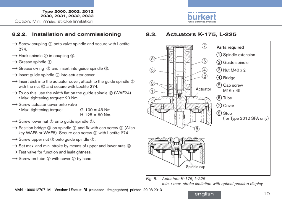 Actuators k-175, l-225 | Burkert Type 2033 User Manual | Page 19 / 88