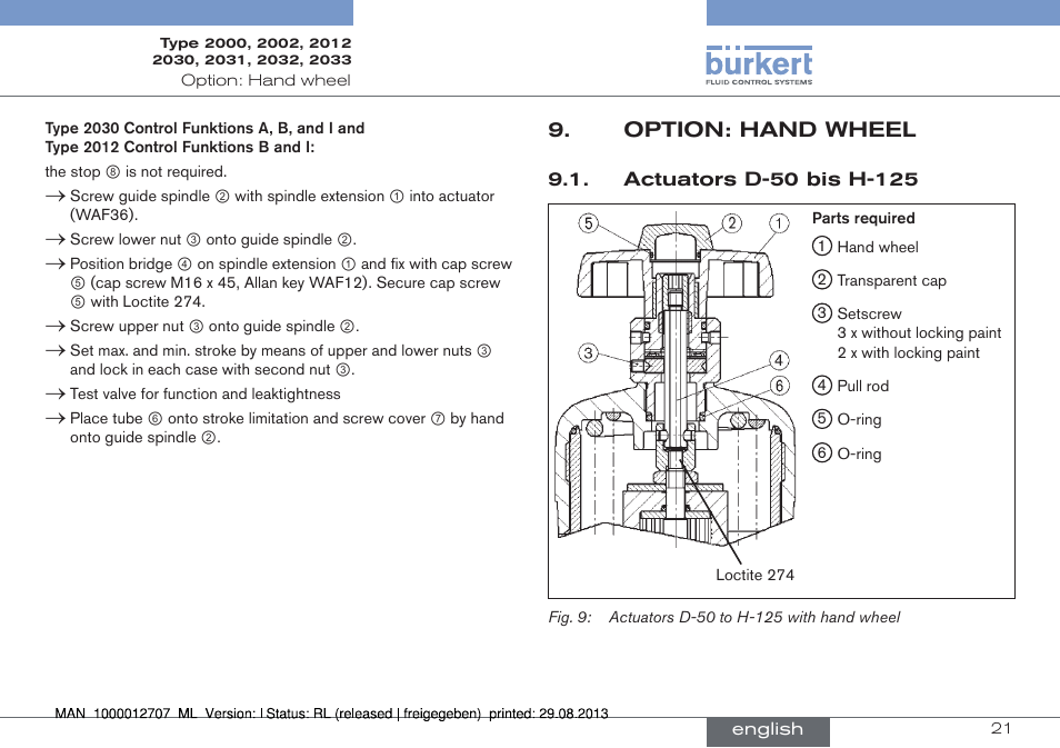 Option: hand wheel, Actuators d-50 bis h-125 | Burkert Type 2033 User Manual | Page 21 / 88