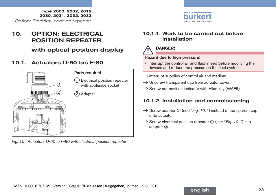 Option: electrical position repeater, Actuators d-50 bis f-80 | Burkert Type 2033 User Manual | Page 23 / 88