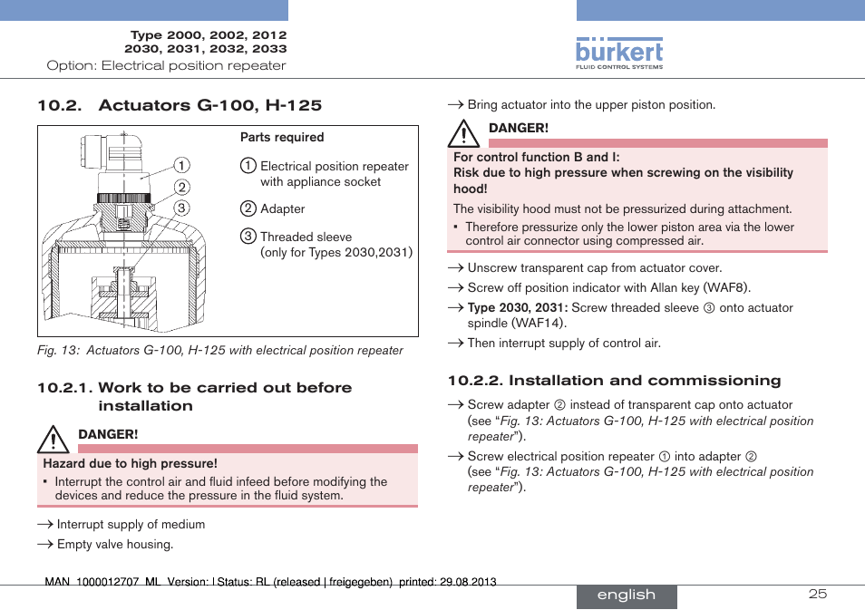 Actuators g-100, h-125 | Burkert Type 2033 User Manual | Page 25 / 88