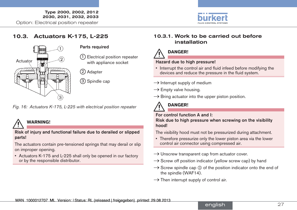 Actuators k-175, l-225 | Burkert Type 2033 User Manual | Page 27 / 88