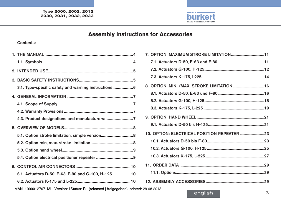 English, Assembly instructions for accessories | Burkert Type 2033 User Manual | Page 3 / 88