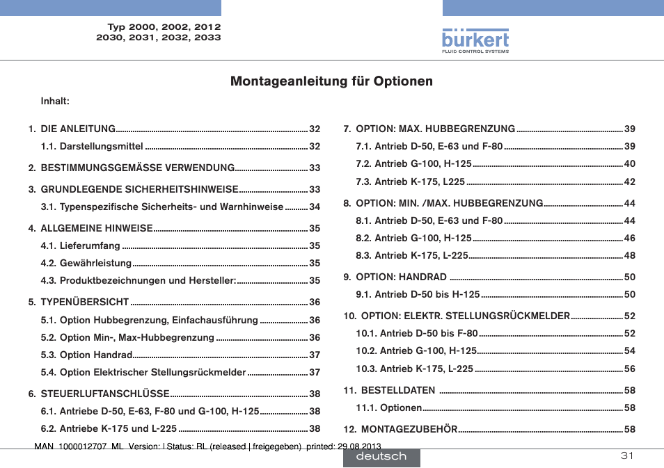 Deutsch, Montageanleitung für optionen | Burkert Type 2033 User Manual | Page 31 / 88