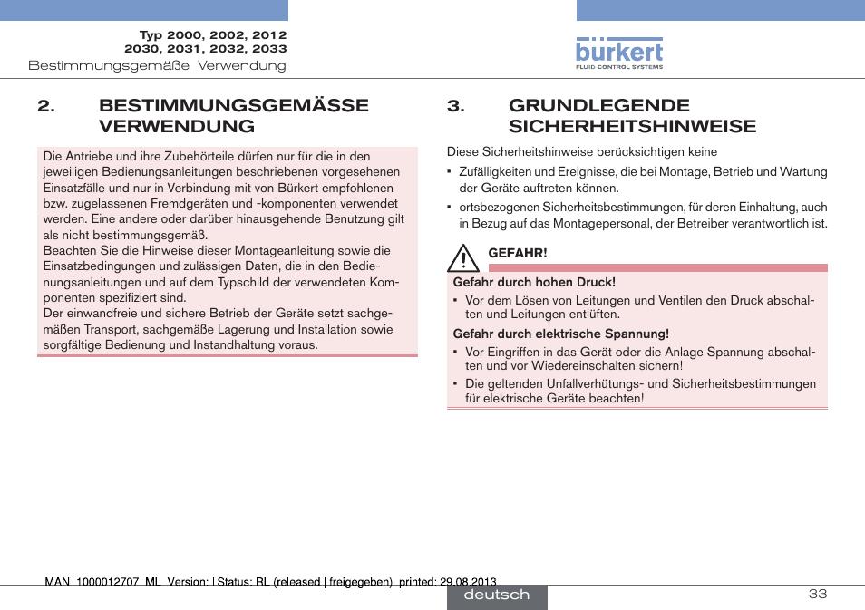 Bestimmungsgemässe verwendung, Grundlegende sicherheitshinweise | Burkert Type 2033 User Manual | Page 33 / 88