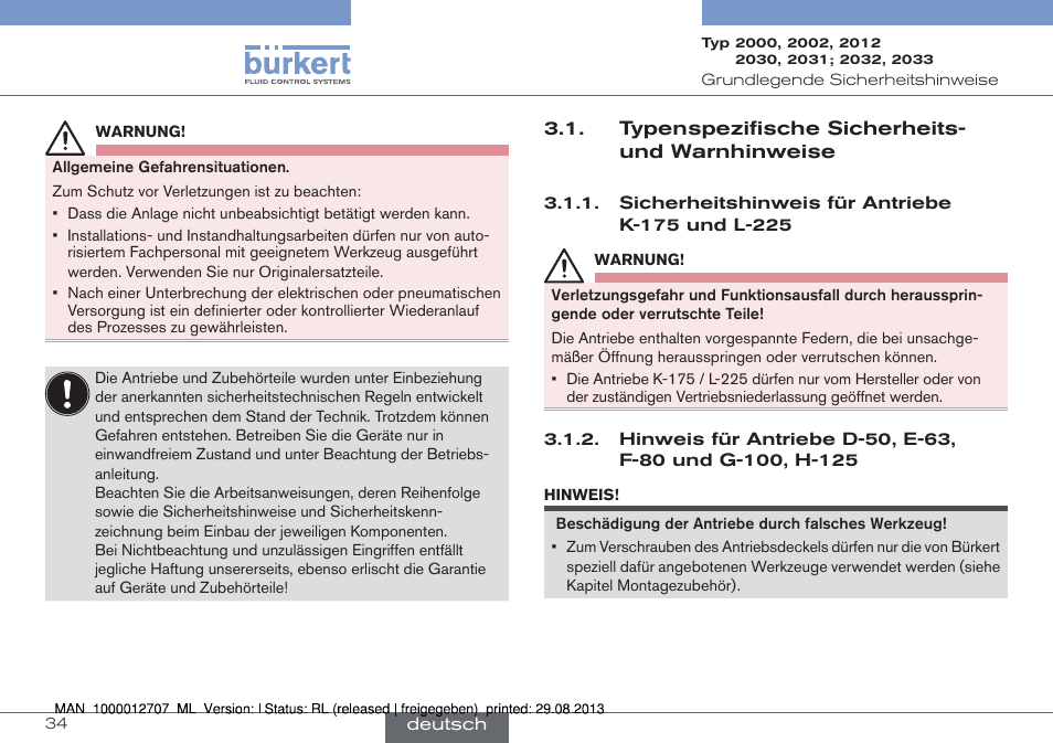 Typenspezifische sicherheits- und warnhinweise | Burkert Type 2033 User Manual | Page 34 / 88