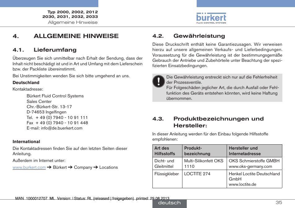 Allgemeine hinweise | Burkert Type 2033 User Manual | Page 35 / 88