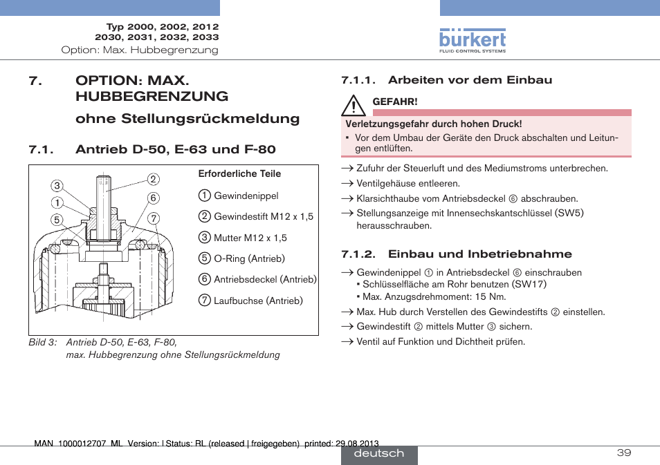 Option: max. hubbegrenzung, Antrieb d-50, e-63 und f-80 | Burkert Type 2033 User Manual | Page 39 / 88