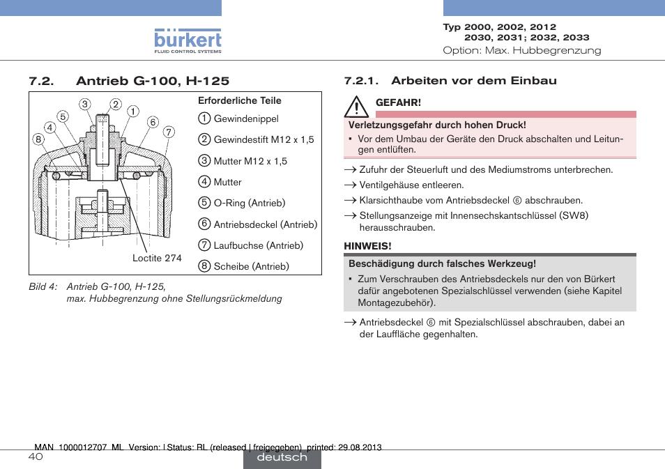 Antrieb g-100, h-125 | Burkert Type 2033 User Manual | Page 40 / 88