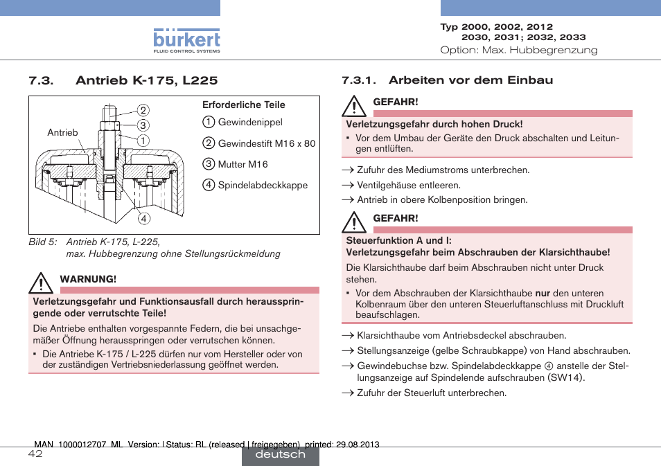 Antrieb k-175, l225 | Burkert Type 2033 User Manual | Page 42 / 88