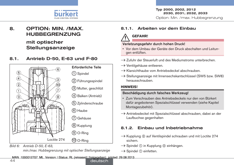 Option: min. /max. hubbegrenzung, Antrieb d-50, e-63 und f-80 | Burkert Type 2033 User Manual | Page 44 / 88