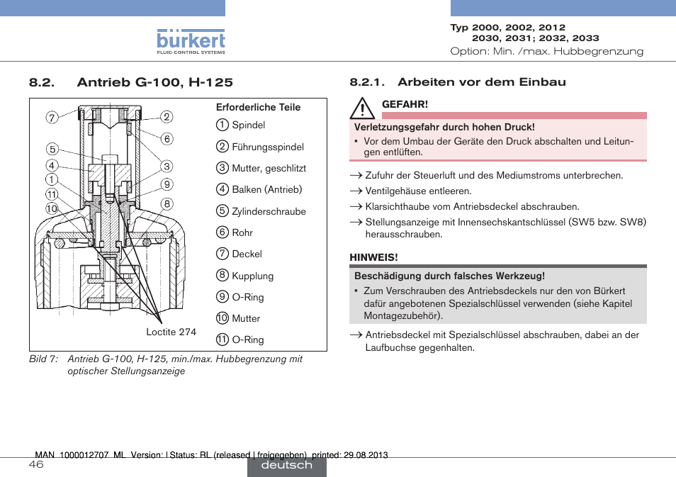 Antrieb g-100, h-125 | Burkert Type 2033 User Manual | Page 46 / 88