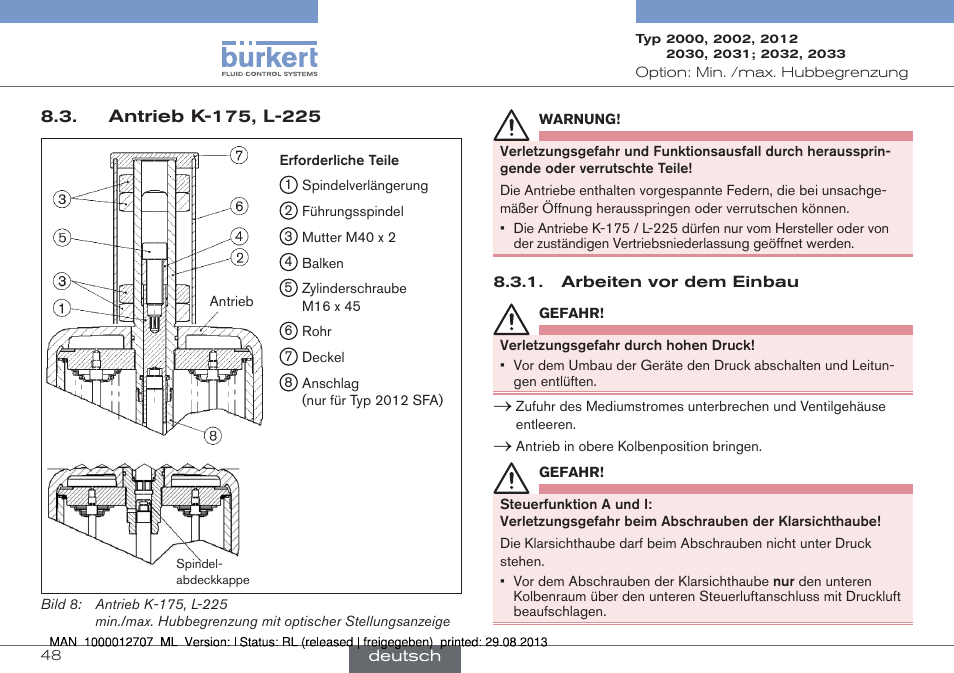 Antrieb k-175, l-225 | Burkert Type 2033 User Manual | Page 48 / 88