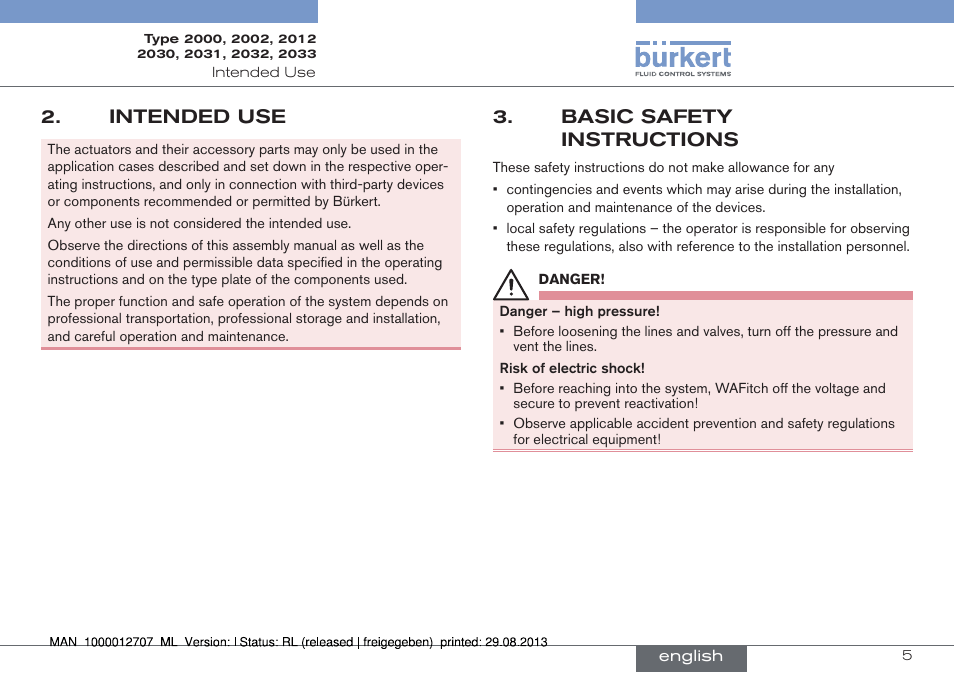 Intended use, Basic safety instructions | Burkert Type 2033 User Manual | Page 5 / 88