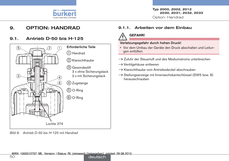 Option: handrad, Antrieb d-50 bis h-125 | Burkert Type 2033 User Manual | Page 50 / 88