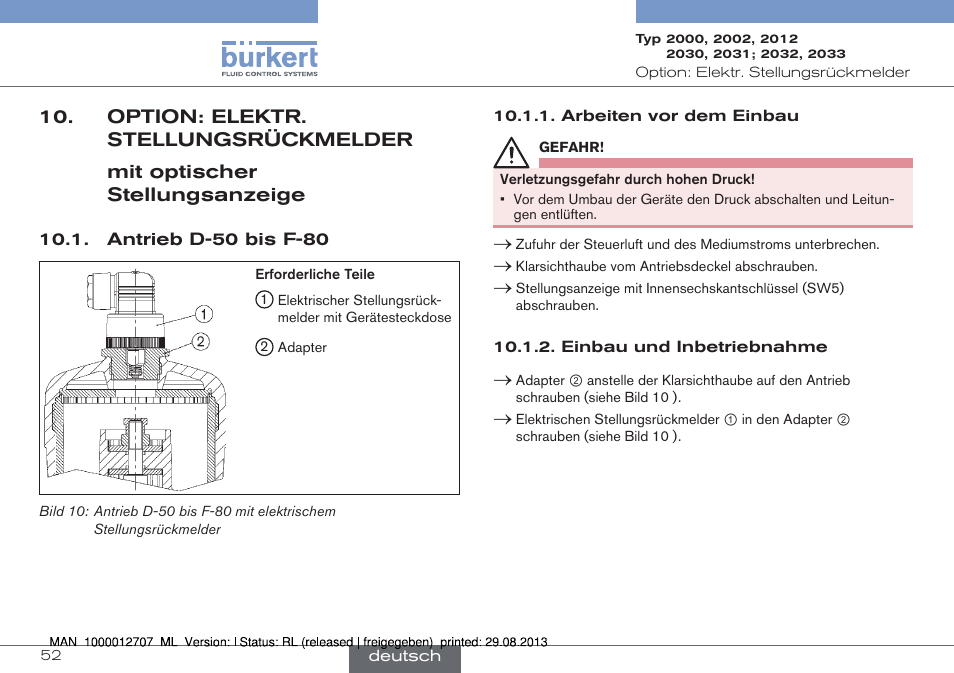 Option: elektr. stellungsrückmelder, Antrieb d-50 bis f-80 | Burkert Type 2033 User Manual | Page 52 / 88