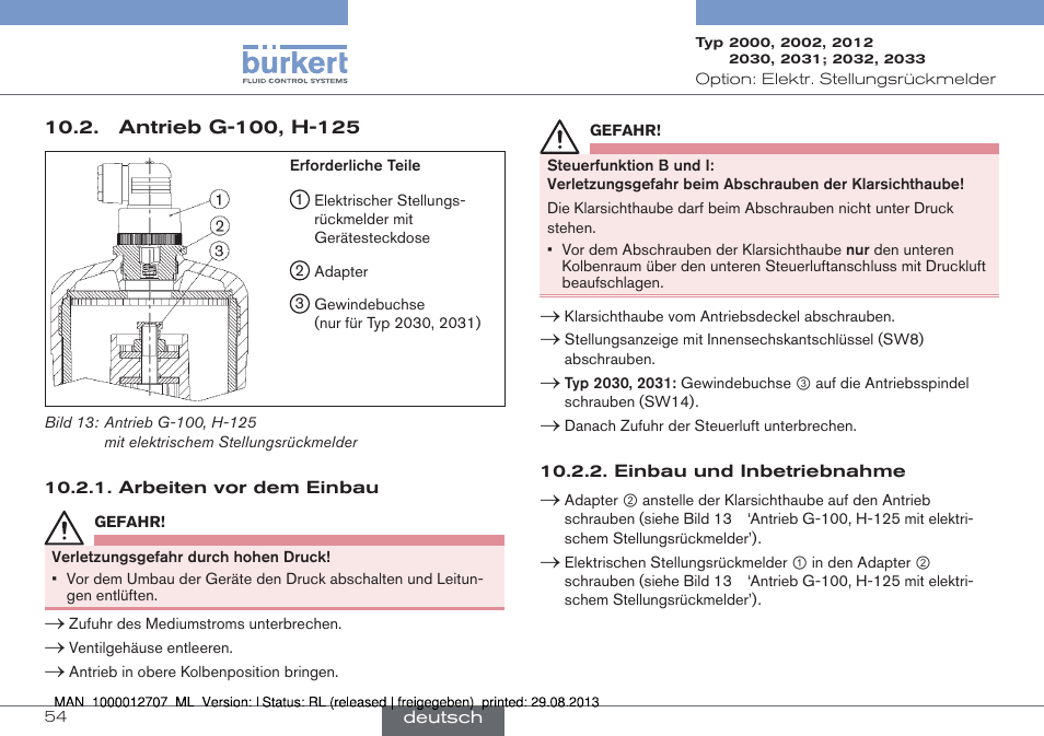 Antrieb g-100, h-125 | Burkert Type 2033 User Manual | Page 54 / 88