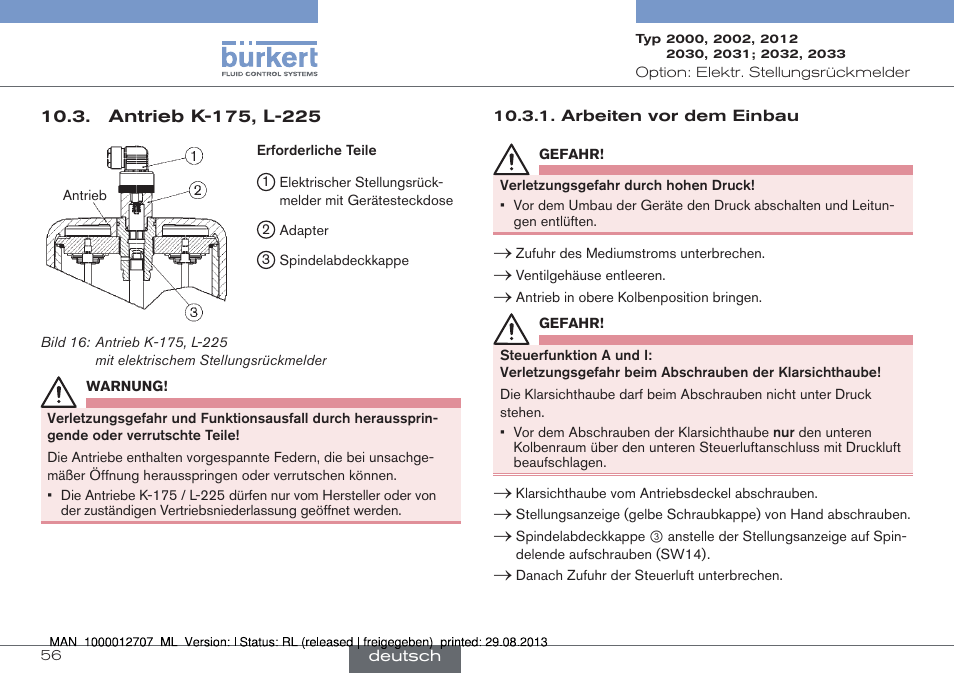 Antrieb k-175, l-225 | Burkert Type 2033 User Manual | Page 56 / 88