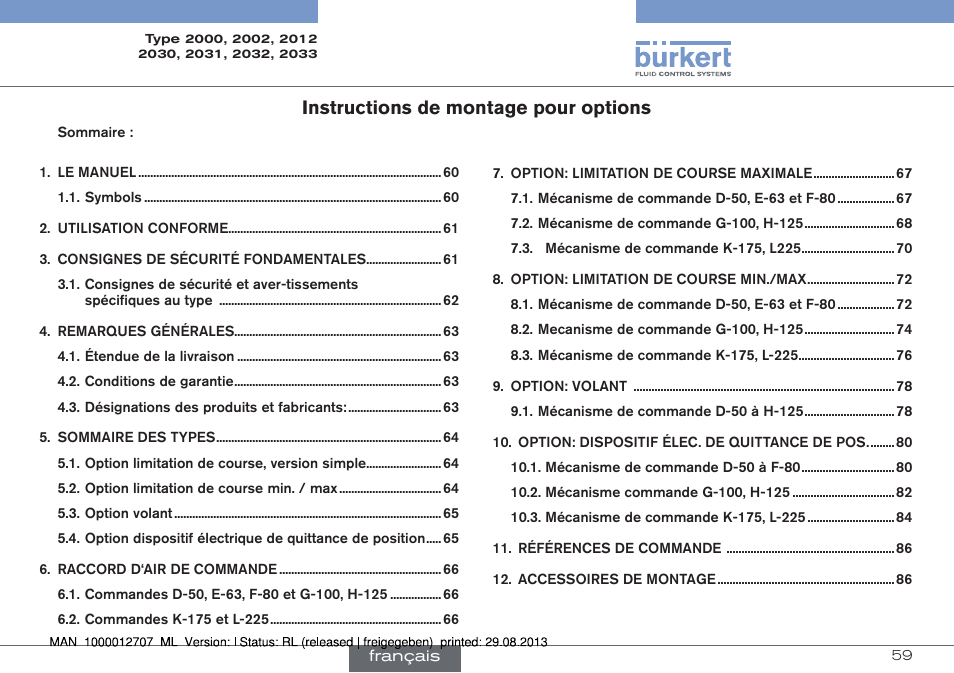 Francais, Instructions de montage pour options | Burkert Type 2033 User Manual | Page 59 / 88