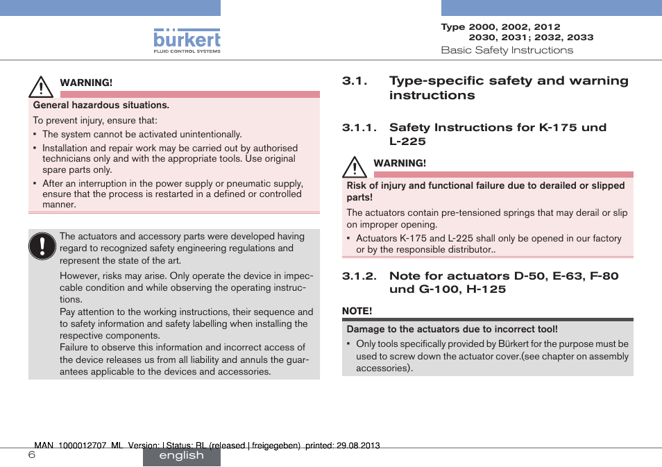 Type-specific safety and warning instructions | Burkert Type 2033 User Manual | Page 6 / 88