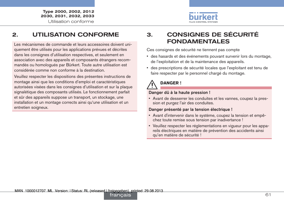 Utilisation conforme, Consignes de sécurité fondamentales | Burkert Type 2033 User Manual | Page 61 / 88