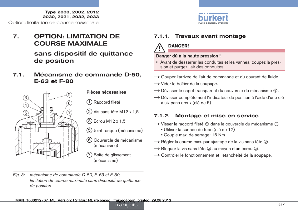 Option: limitation de course maximale, Mécanisme de commande d-50, e-63 et f-80 | Burkert Type 2033 User Manual | Page 67 / 88