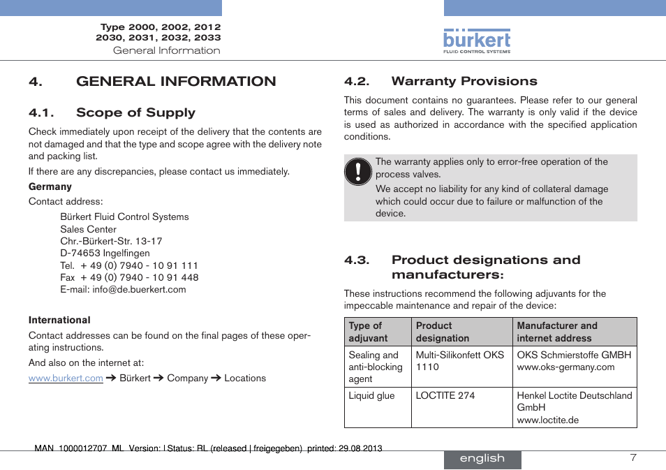 General information | Burkert Type 2033 User Manual | Page 7 / 88