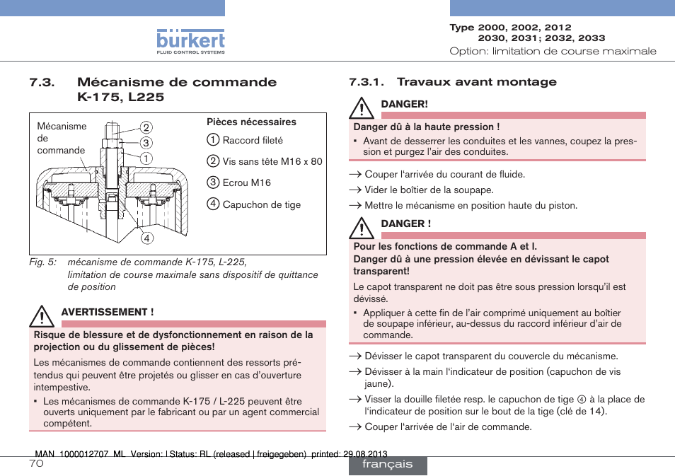 Mécanisme de commande k-175, l225 | Burkert Type 2033 User Manual | Page 70 / 88