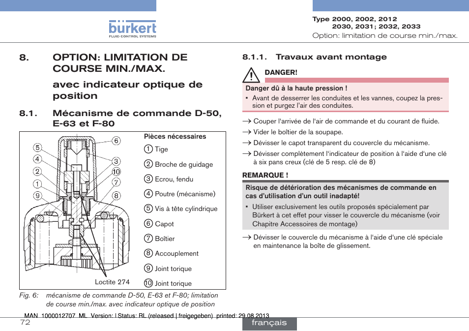 Option: limitation de course min./max, Mécanisme de commande d-50, e-63 et f-80 | Burkert Type 2033 User Manual | Page 72 / 88