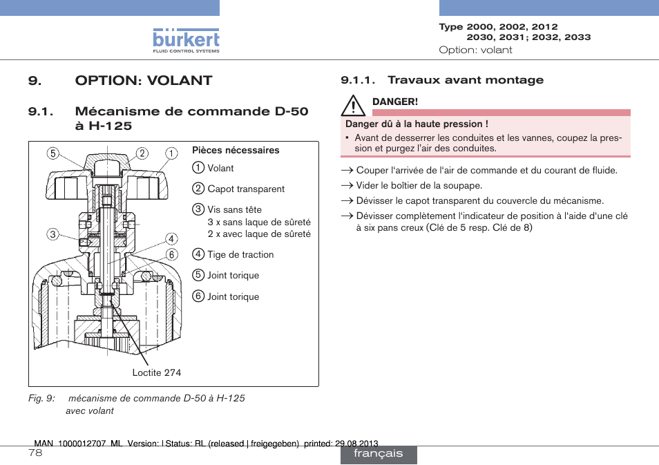 Option: volant, Mécanisme de commande d-50 à h-125 | Burkert Type 2033 User Manual | Page 78 / 88