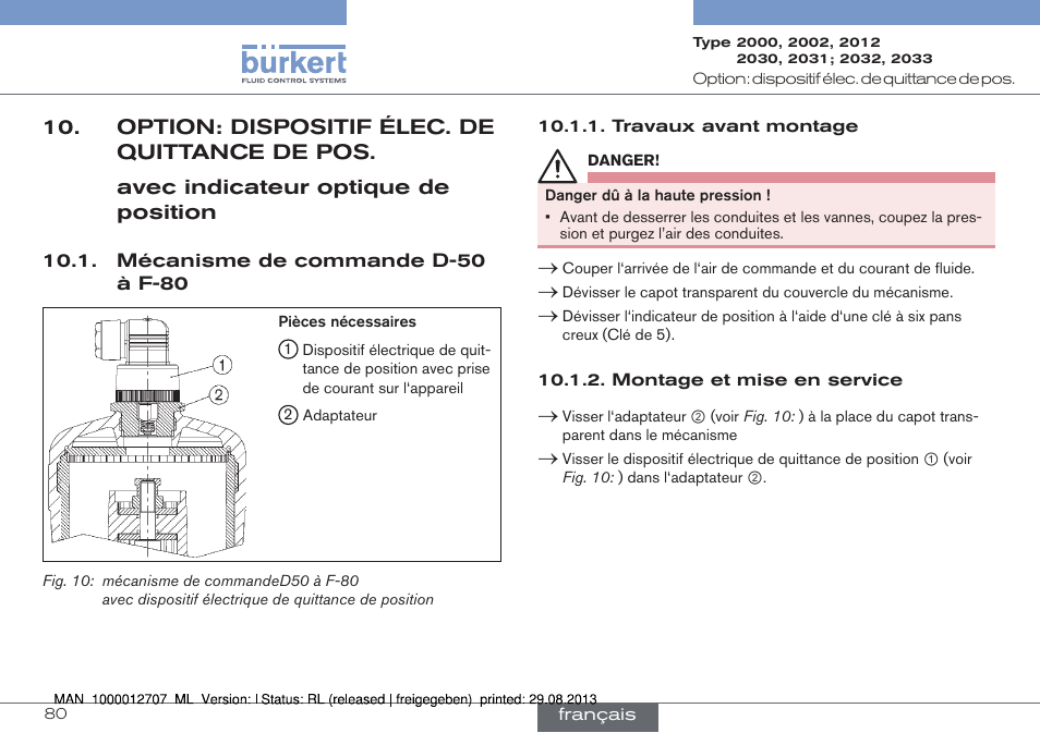 Option: dispositif élec. de quittance de pos, Mécanisme de commande d-50 à f-80 | Burkert Type 2033 User Manual | Page 80 / 88