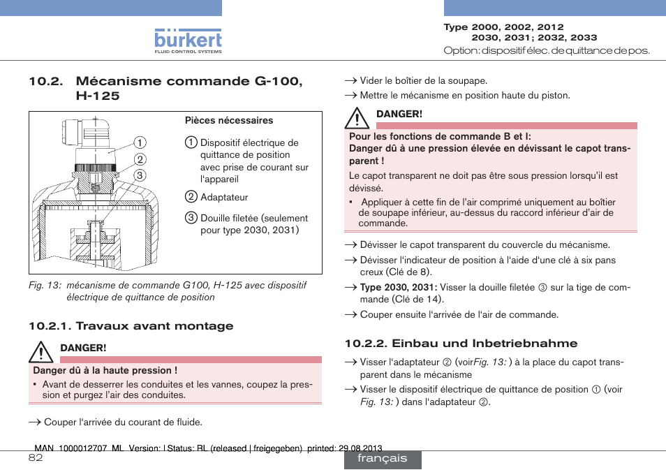 Mécanisme commande g-100, h-125 | Burkert Type 2033 User Manual | Page 82 / 88