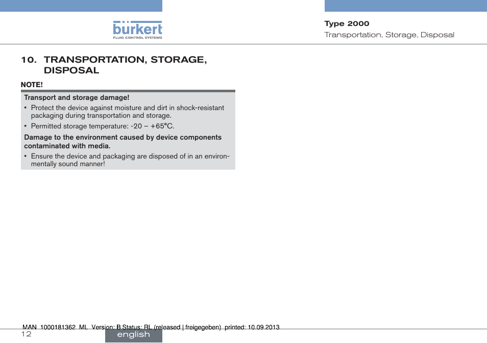 Transportation, storage, disposal | Burkert Type 2000 User Manual | Page 12 / 34