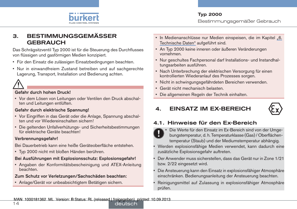 Bestimmungsgemässer gebrauch, Einsatz im ex-bereich | Burkert Type 2000 User Manual | Page 14 / 34