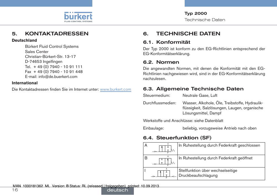 Kontaktadressen, Technische daten | Burkert Type 2000 User Manual | Page 16 / 34