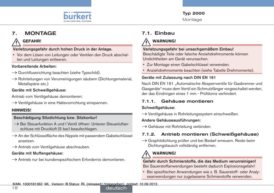 Montage | Burkert Type 2000 User Manual | Page 18 / 34