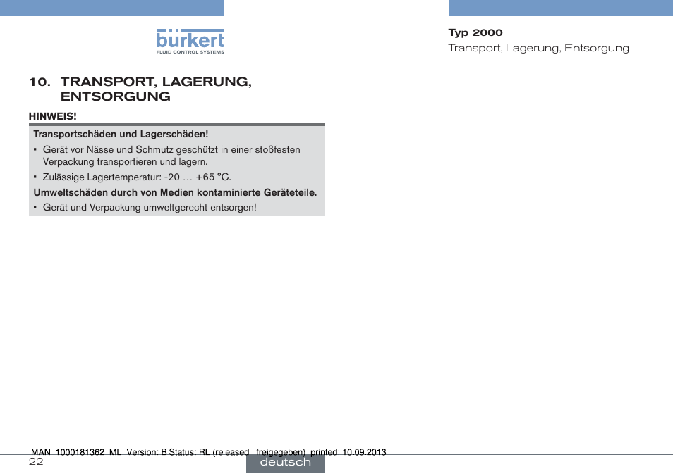 Transport lagerung, entsorgung | Burkert Type 2000 User Manual | Page 22 / 34