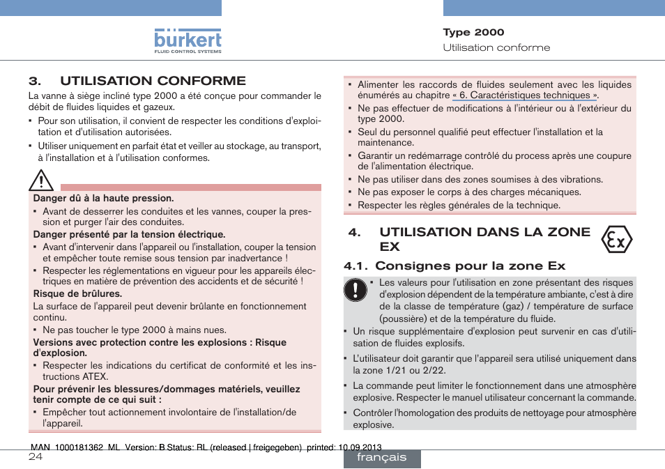 Utilisation conforme, Utilisation dans la zone ex | Burkert Type 2000 User Manual | Page 24 / 34