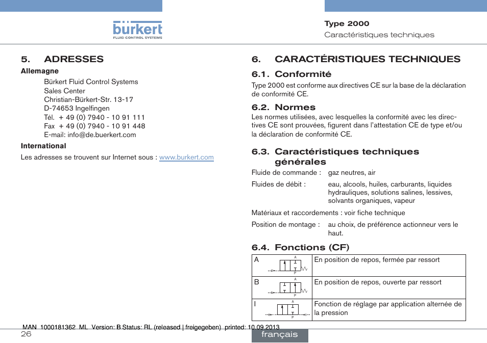 Adresses, Caractéristiques techniques | Burkert Type 2000 User Manual | Page 26 / 34