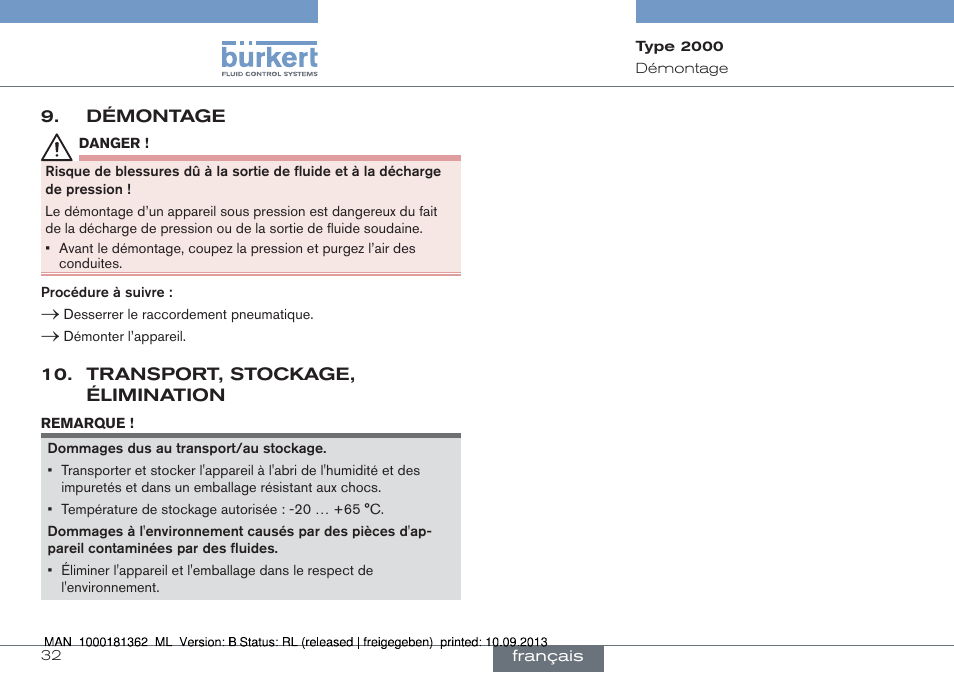 Démontage, Transport, stockage, élimination | Burkert Type 2000 User Manual | Page 32 / 34