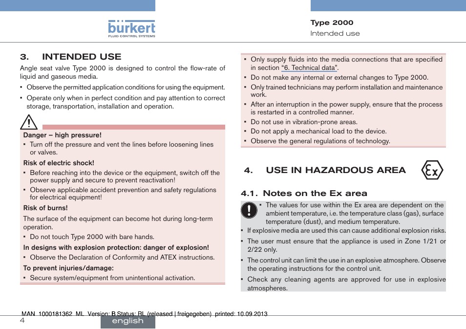 Intended use, Use in hazardous area | Burkert Type 2000 User Manual | Page 4 / 34