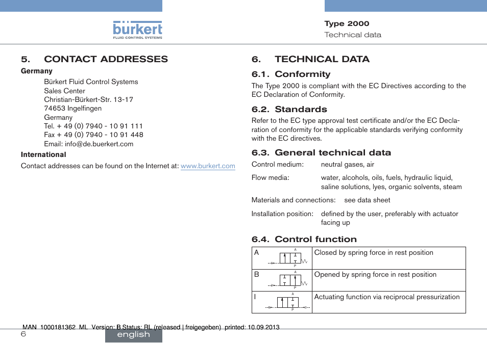 Contact addresses, Technical data | Burkert Type 2000 User Manual | Page 6 / 34