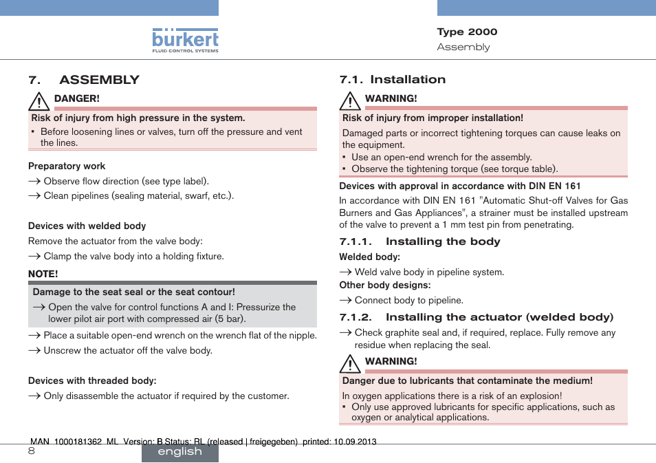 Assembly | Burkert Type 2000 User Manual | Page 8 / 34