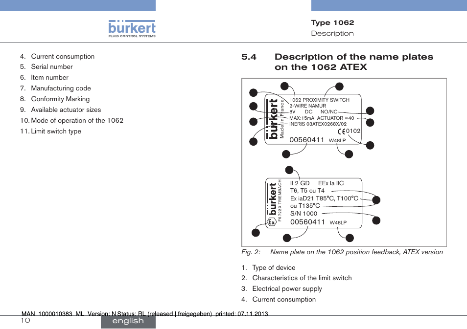 Description of the name plates on the 1062 atex | Burkert Type 1062 User Manual | Page 10 / 112