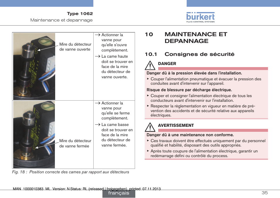 Maintenance et depannage, Consignes de sécurité, 10 maintenance et depannage | Burkert Type 1062 User Manual | Page 107 / 112