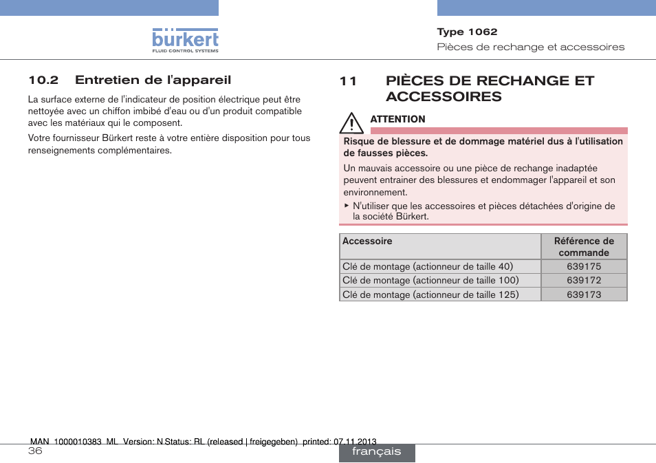 Entretien de l'appareil, Pièces de rechange et accessoires, 11 pièces de rechange et accessoires | Burkert Type 1062 User Manual | Page 108 / 112