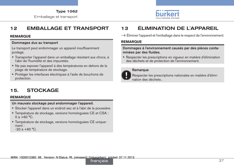 Emballage et transport, Stockage, Élimination de l'appareil | 12 emballage et transport, 13 élimination de l'appareil | Burkert Type 1062 User Manual | Page 109 / 112