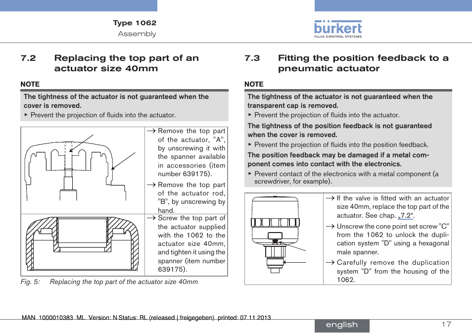 Replacing the top part of an actuator size 40mm | Burkert Type 1062 User Manual | Page 17 / 112