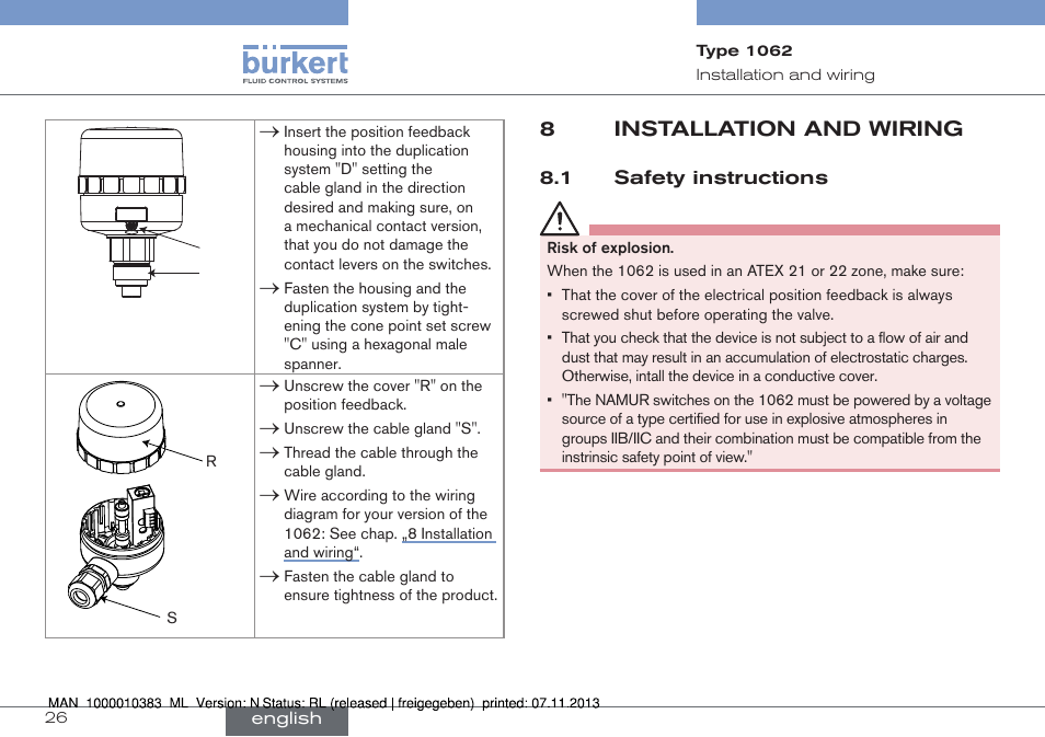 Installation and wiring, Safety instructions | Burkert Type 1062 User Manual | Page 26 / 112